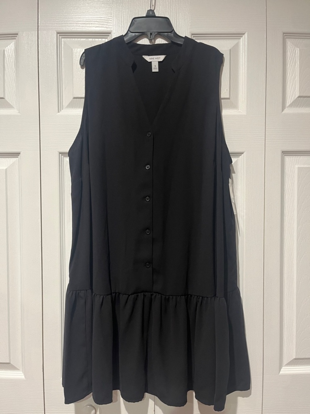 NINE WEST Black Sleeveless Button-Front Ruffle Hem Dress